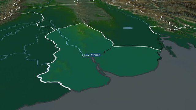 Yangon - division of Myanmar with its capital zoomed on the physical map of the globe. Animation 3D