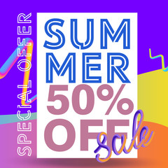 Summer sale background with 3d words elements. Memphis style.Vector background for banner, poster, flyer, card, postcard, cover, brochure.
