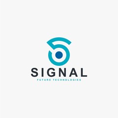 Obraz premium Wireless signal logo design vector. Letter S outline logo. Signal illustration. Blue colors logo design.