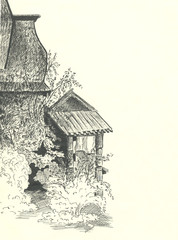 wooden house among trees, black pen drawing