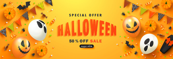 Halloween Sale Promotion Poster with scary balloons, paper bats,spiders, candy,coffin and serpentine on orange background.Vector illustration