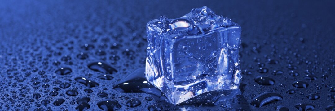 Blue single ice cube with water drops. Panoramic image