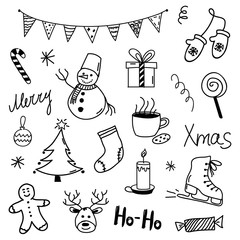Set of Christmas hand drawn doodles on white background