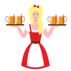 Waitress at Oktoberfest Beer Festival. Girl with beer mugs on trays. Smiling blonde in traditional German dress at the autumn beer festival. Cheerful girl