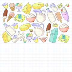 Milk, butter, cottage cheese, sour cream, cheese, yogurt, ice cream, cream. Vector pattern. Collection of dairy products.