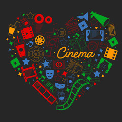 Fototapeta na wymiar Vector pattern with cinema icons. Movie Theater, TV, popcorn, video clips, musical