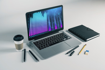 Laptop closeup with forex graph on computer screen. Financial trading and education concept. 3d rendering.