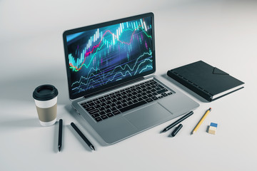 Laptop closeup with forex graph on computer screen. Financial trading and education concept. 3d rendering.