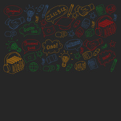 Vector pattern for language class, online courses. English, arabic, italian, japanese, spanish, chinese, german.