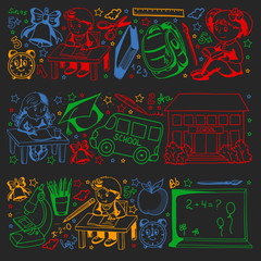 Vector pattern with little children. Back to school. Geography, geometry, mathematics, physics, chemistry, astronomy