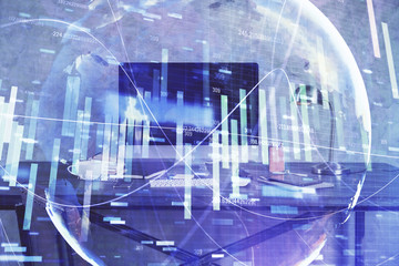 Multi exposure of business theme icons and table with computer background. Concept of success.