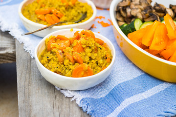 Lentil. Cooked lentil beans with carrot and vegetables. Vegan lunch or vegetarian dinner.