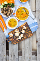 Lentil. Cooked lentil beans with carrot and vegetables. Vegan lunch or vegetarian dinner.