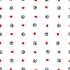 Doodle black paw print with red hearts seamless fabric design repeated pattern with black background