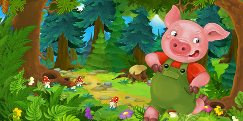 Obraz na płótnie Canvas Cartoon fairy tale scene with pig farmer or worker on the meadow in the forest - illustration for children