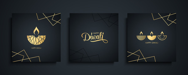 Fototapeta na wymiar Happy Diwali luxury greeting cards set. India festival of lights holiday invitations templates collection with hand drawn lettering and gold diya lamps. Vector illustration.