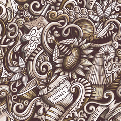 Cartoon cute doodles hand drawn Honey seamless pattern