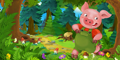 Cartoon fairy tale scene with pig farmer or worker on the meadow in the forest - illustration for children