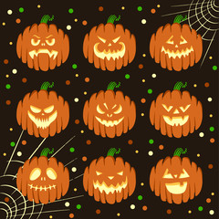 Set of Halloween scary pumpkins. Flat style vector spooky creepy and funny pumpkins with confetti on a dark background. Emotion Variation.
