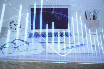 Forex Chart hologram on table with computer background. Double exposure. Concept of financial markets.