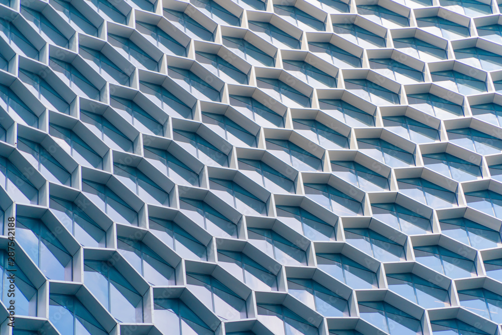 Poster office buildings. structure of hexagon windows in futuristic technology network connection concept. 