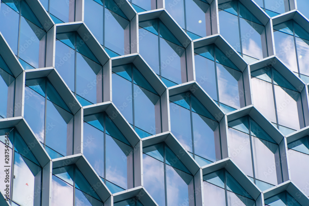 Poster office buildings. structure of hexagon windows in futuristic technology network connection concept. 