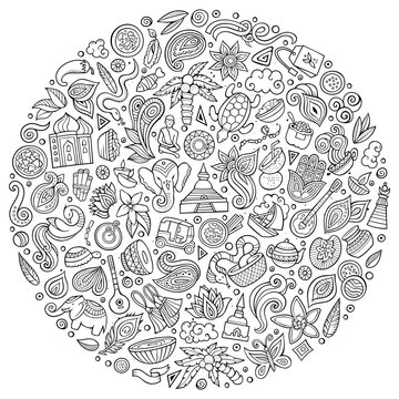recommend clip art: Set of Indian cartoon doodle objects