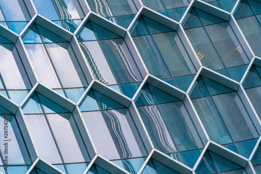 Poster office buildings. structure of hexagon windows in futuristic technology network connection concept. 