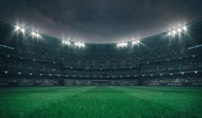 Empty green grass field and alight outdoor stadium with fans, front playground view, grassy field sport building 3D professional background illustration © LeArchitecto