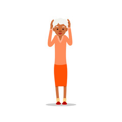 Obraz premium Happy african old woman. Cute grandmother standing and smiling. Traditional retirement lifestyle. Older black lady retired. Cartoon illustration isolated on white background in flat style