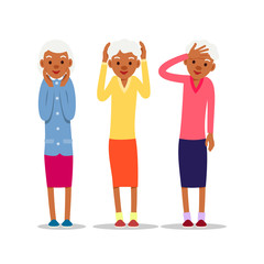 Female headache. Three old african women sick and suffering. Elderly disease. Retirement age. Female symbol. Cartoon illustration isolated on white background in flat style