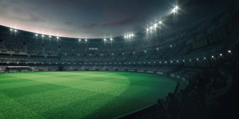 Stadium lights and empty green grass field with fans around, perspective tribune view, grassy field sport building 3D professional background illustration