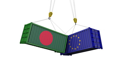 Bangladesh and europe trade war concept. Clashing cargo containers. 3D Render