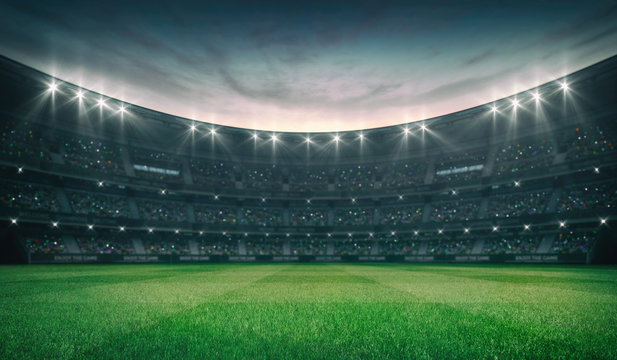 Empty green grass field and illuminated outdoor stadium with fans, front field view, grassy field sport building 3D professional background illustration