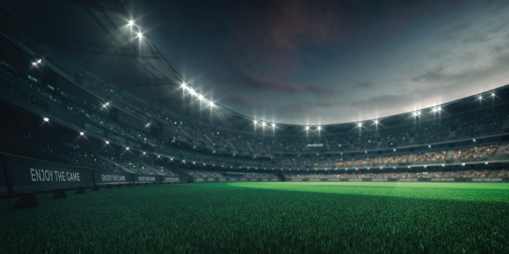 Stadium lights and empty green grass field with fans around, perspective playground view, grassy field sport building 3D professional background illustration
