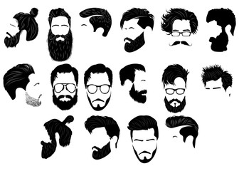 Set of hairstyles for men. Collection of black silhouettes of hairstyles and beards. Vector illustration for hairdresser.