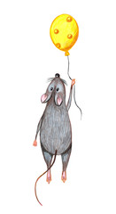 A gray mouse flies on a yellow cheese balloon. symbol of the new year 2020.Watercolor hand drawn children’s illustration for the design of postcard, clothes, t-shirt, sticker, print, album, notebook.