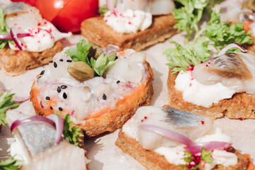 Macro of delicious canape or sandwiches with fresh herring, black sesame, cream cheese on crispy bread.