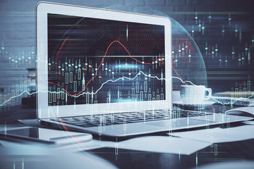 Forex Chart hologram on table with computer background. Double exposure. Concept of financial markets.