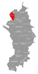 Tideswell red highlighted in map of Derbyshire Dales district in East Midlands England UK