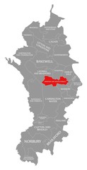 Winster and South Darley red highlighted in map of Derbyshire Dales district in East Midlands England UK