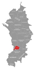 Ashbourne North red highlighted in map of Derbyshire Dales district in East Midlands England UK