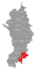 Brailsford red highlighted in map of Derbyshire Dales district in East Midlands England UK