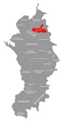 Calver red highlighted in map of Derbyshire Dales district in East Midlands England UK