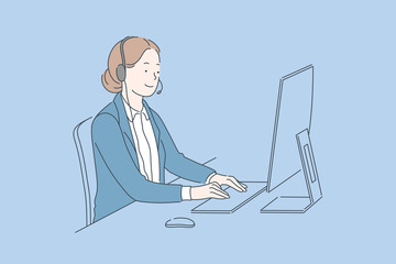 Call center service concept. Friendly operator woman agent with headsets working in a call centre. Young consultant of customer support or sales agent in headphones. Simple flat vector. - obrazy, fototapety, plakaty