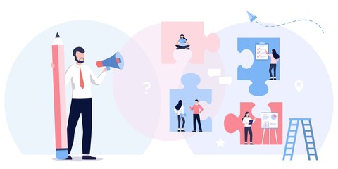 Teamwork metaphor. Business team. puzzle elements. Vector illustration flat design style. Symbol of cooperation, partnership. Ethnic business people group. Office workers talking with manager, boss.