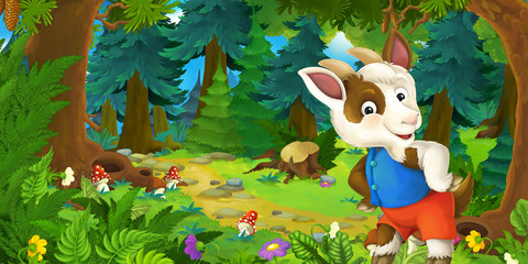 Obraz na płótnie Canvas Cartoon fairy tale scene with goat farmer on the meadow in the forest - illustration for children