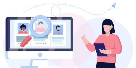 Job agency flat vector illustration. Employee headhunters persons concept. Professional work search and offer service company. Recruitment industry occupation for human resources. CV application