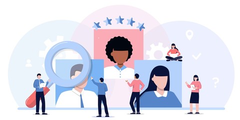 Job agency flat vector illustration. Employee headhunters persons concept. Professional work search and offer service company. Recruitment industry occupation for human resources. CV application