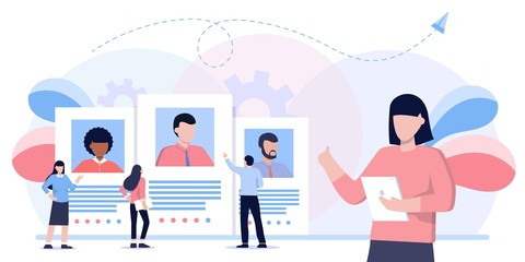 Job agency flat vector illustration. Employee headhunters persons concept. Professional work search and offer service company. Recruitment industry occupation for human resources. CV application